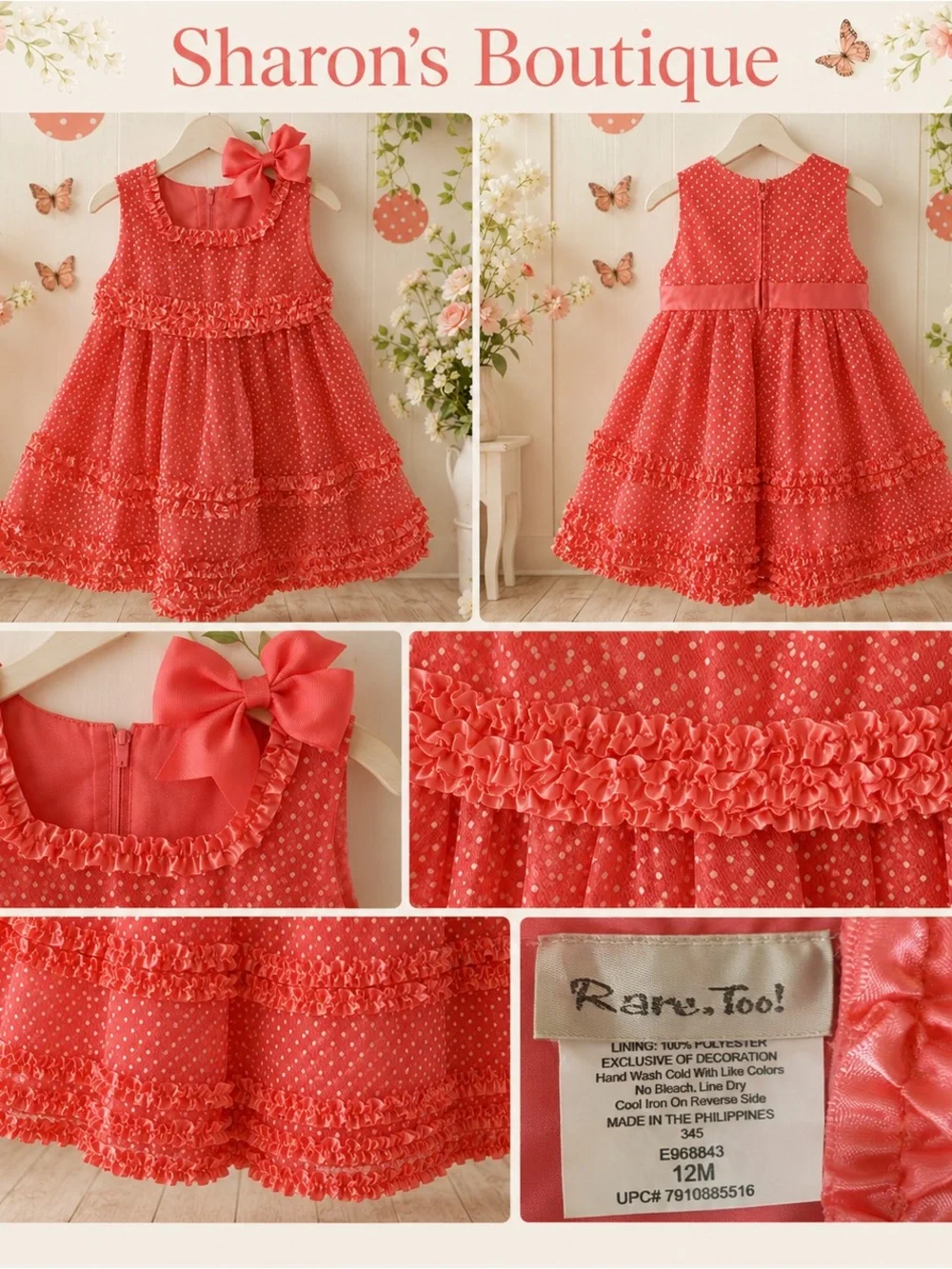 Rare Too Baby Girls 12M Coral Polka Dot Ruffle Dress Bloomers Bow NWOT
